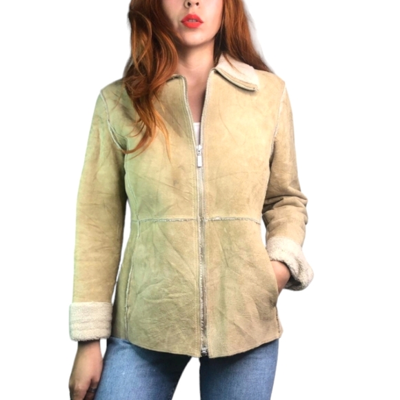 Vintage Jackets & Blazers - Vintage Y2K Guess Leather Jacket Patchwork Faux Sheepskin Fur Lined Tan Beige